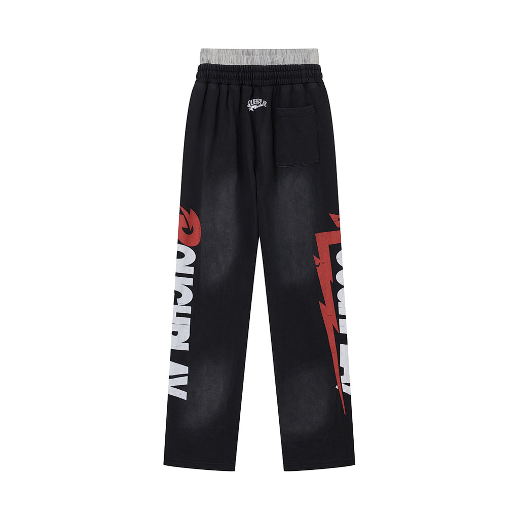 Roughplay Vintage Washed Letter Print Wide Leg Sweatpants Men Streetwear Loose Trousers