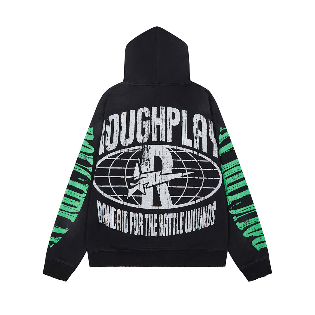 Roughplay Black Flame Graphic Hoodie Men Oversized Streetwear Pullover Hooded Sweatshirt