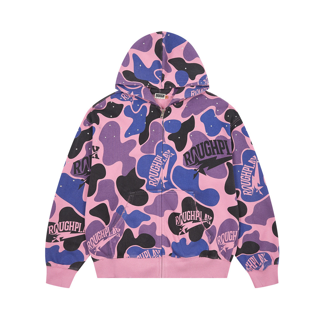 Pink Purple Camo Full Zip‑Up Hoodie Oversized Streetwear Hooded Jacket