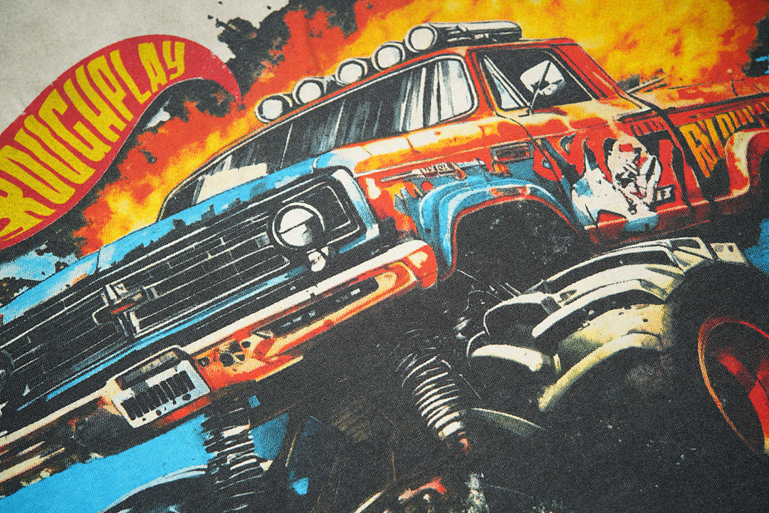 Vintage Washed Grey Fire Monster Truck Graphic Oversized T‑Shirt