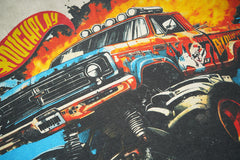 Vintage Washed Grey Fire Monster Truck Graphic Oversized T‑Shirt