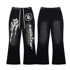Street Style Skull Letter Print Elastic Waist Flared Pants