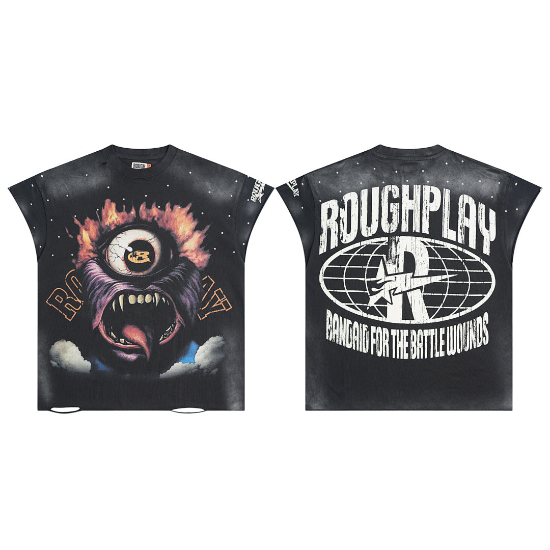 Roughplay Monster Eye Graphic Short Sleeve Tee Men Oversized Vintage Streetwear T‑Shirt