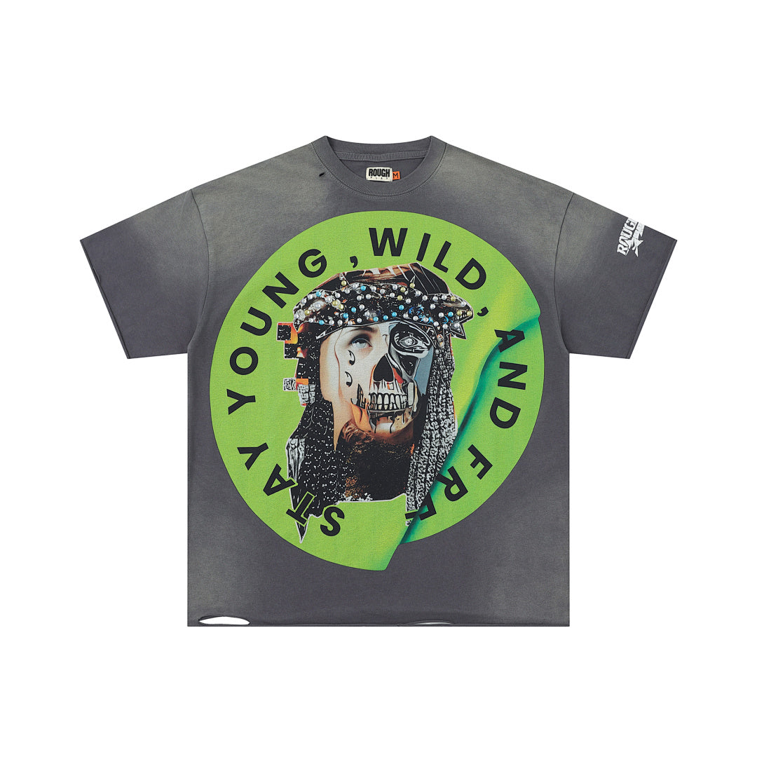 Roughplay Vintage Portrait Graphic Short Sleeve Tee Men Oversized Streetwear T‑Shirt