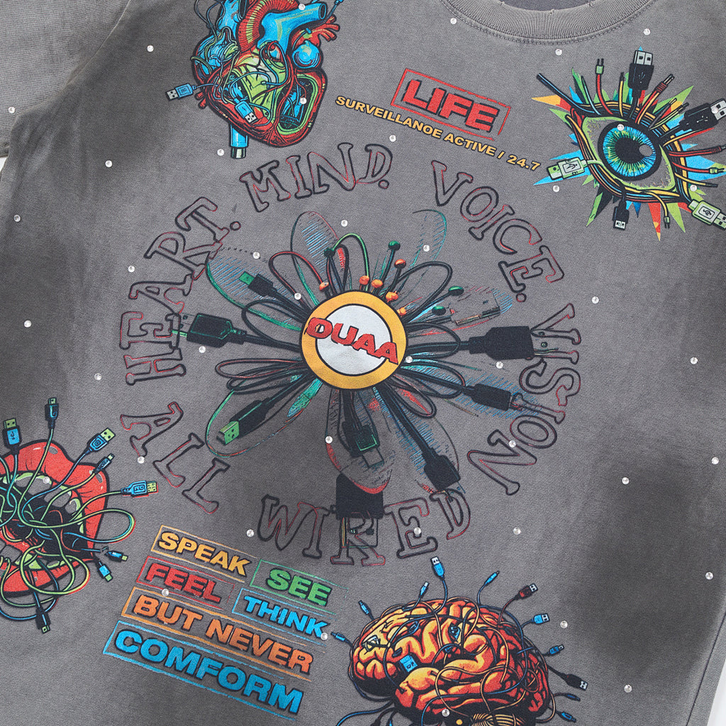 Washed Grey Psychedelic Abstract Art DUAA Graphic Oversized T‑Shirt
