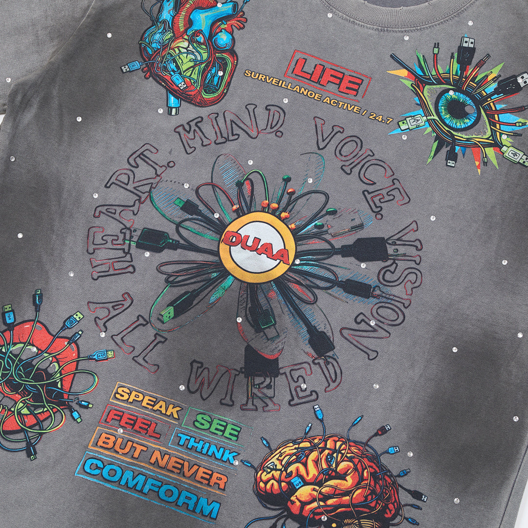 Washed Grey Psychedelic Abstract Art DUAA Graphic Oversized T‑Shirt
