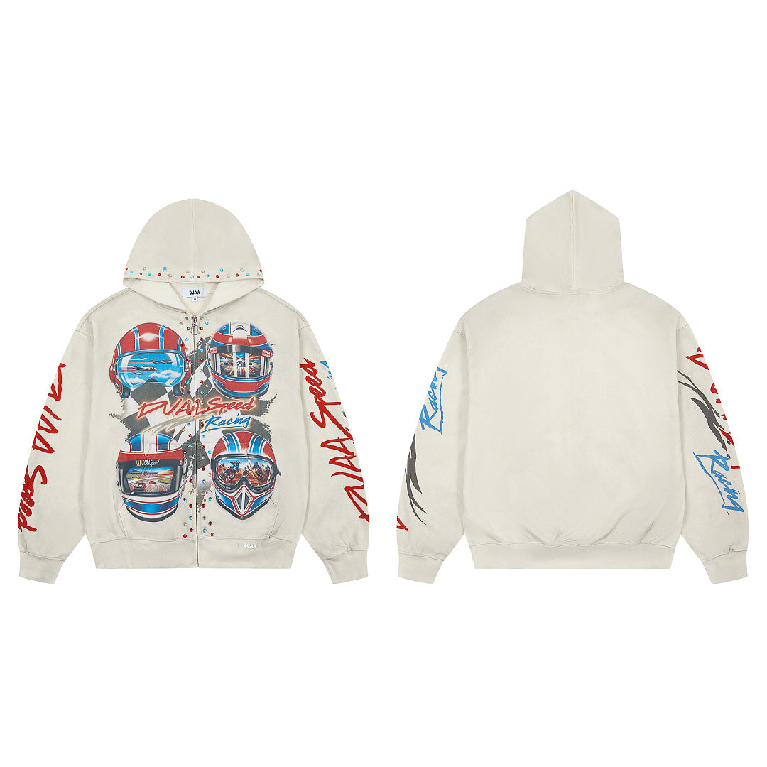 Off‑White Vintage Racing Helmet Graphic Oversized Zip‑Up Hoodie