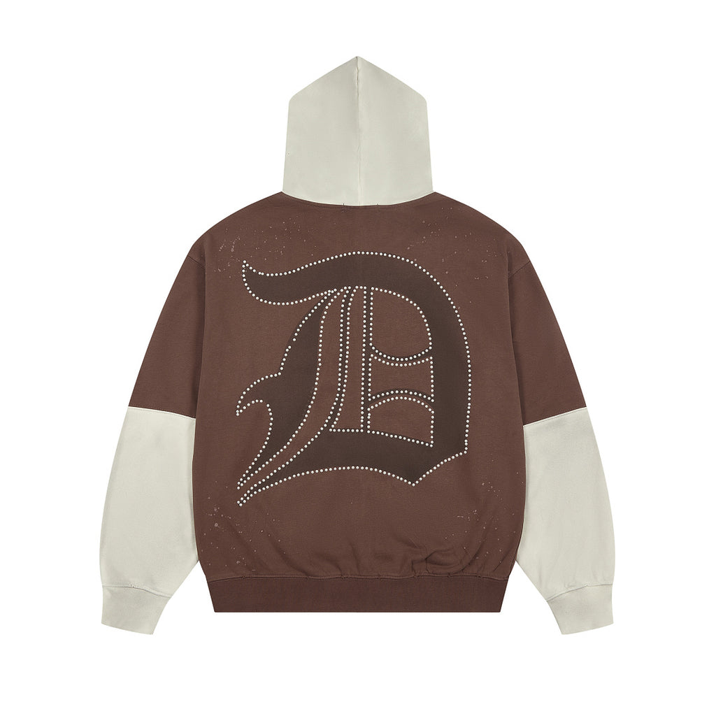 Brown‑Beige Color Block Gothic Letter Oversized Zip‑Up Hoodie