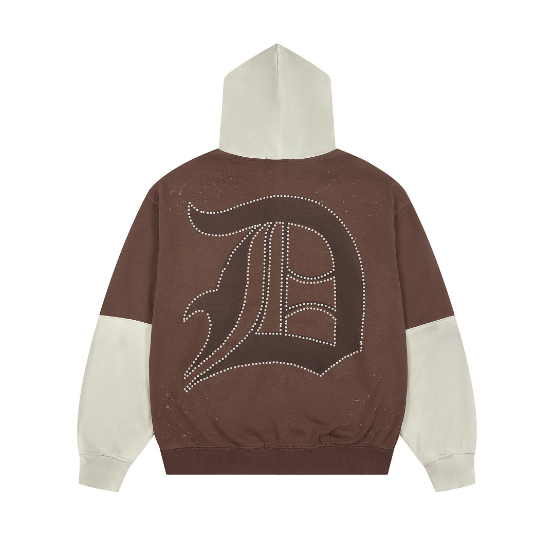Brown‑Beige Color Block Gothic Letter Oversized Zip‑Up Hoodie