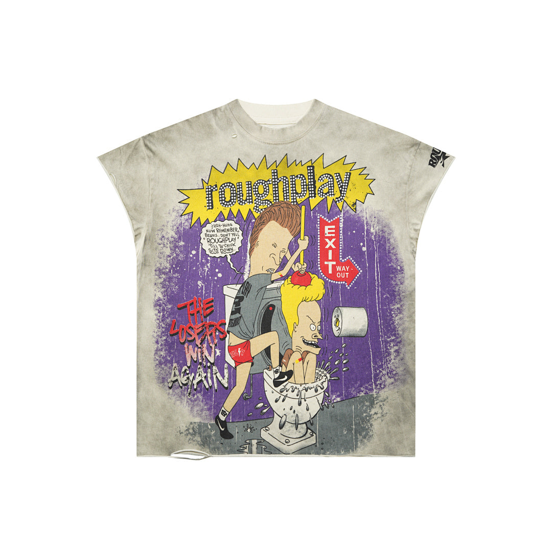 Vintage Washed Grey Cartoon Comic Graphic Oversized T‑Shirt
