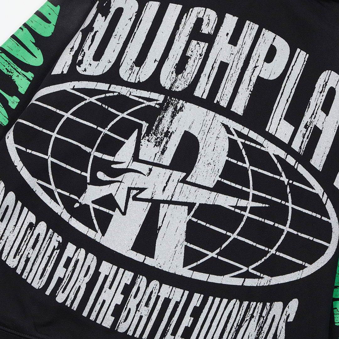Roughplay Black Flame Graphic Hoodie Men Oversized Streetwear Pullover Hooded Sweatshirt
