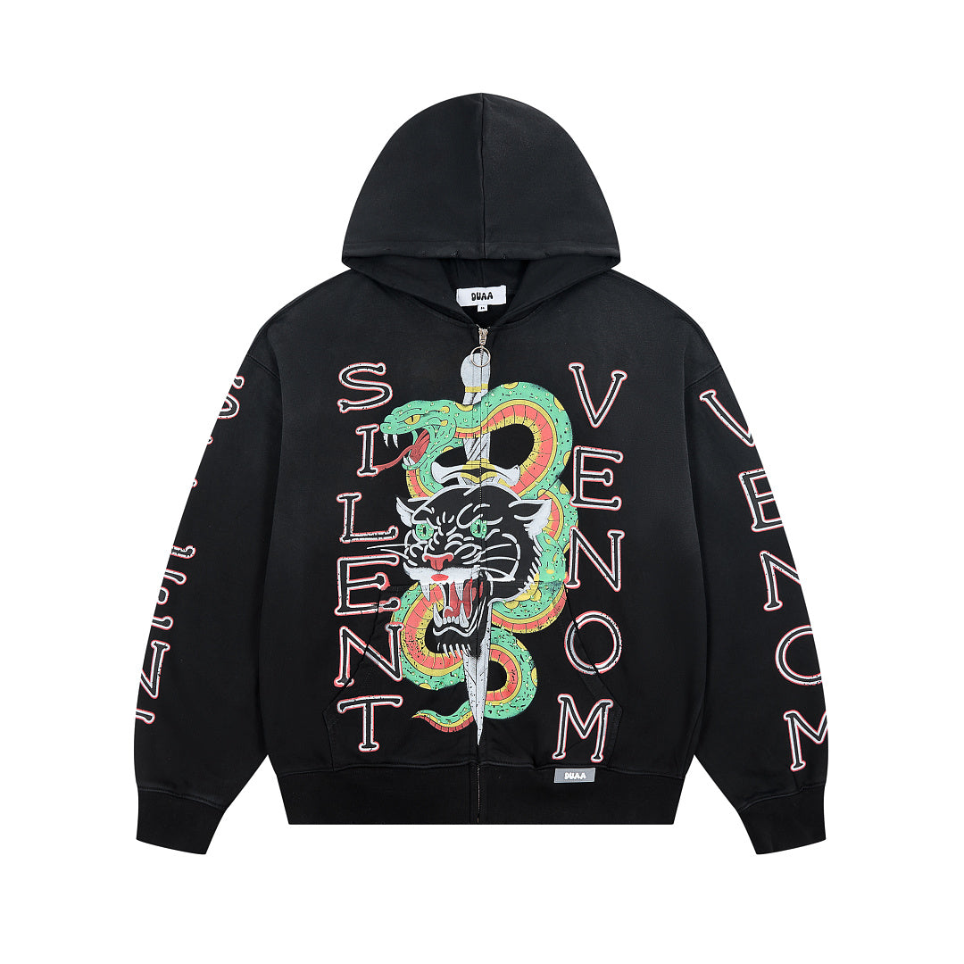 Black Vintage Panther & Snake Graphic Oversized Zip‑Up Hoodie