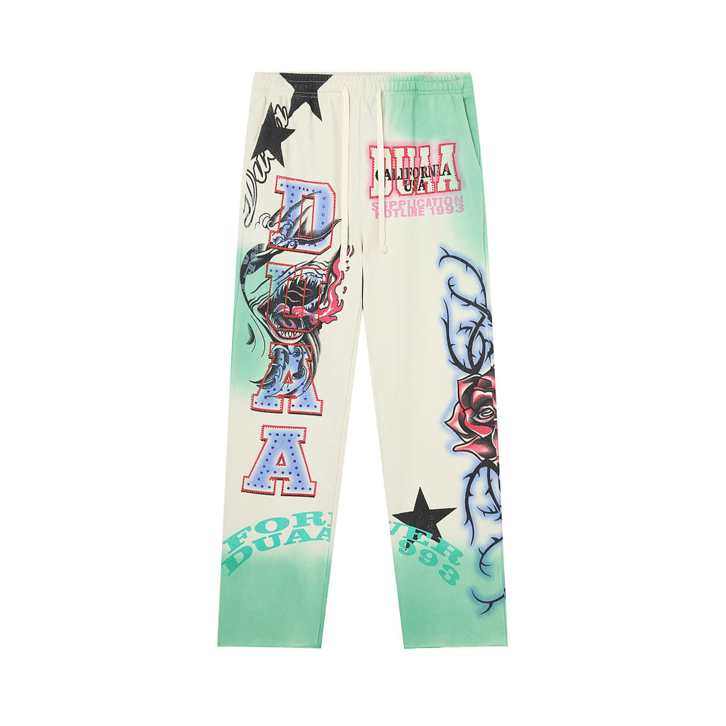 Tie‑Dye Rose Tattoo Graphic Wide‑Leg Sweatpants