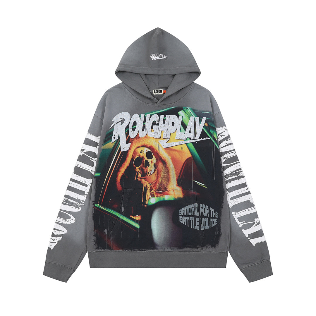 Roughplay Dark Grey Skull Tongue Graphic Hoodie Men Oversized Streetwear Pullover