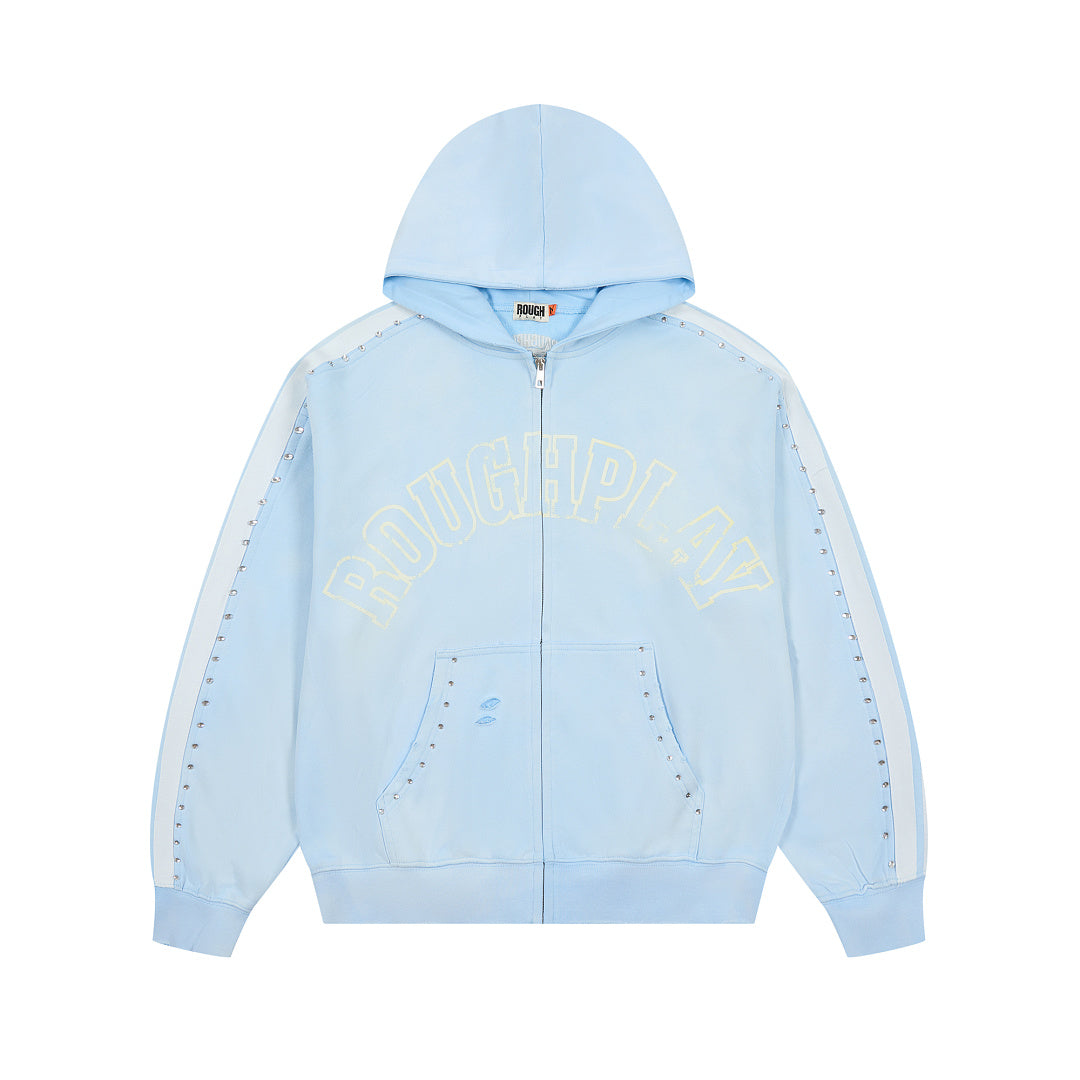 Light Blue Washed Side Stripe Gothic Letter DUAA Zip‑Up Hoodie