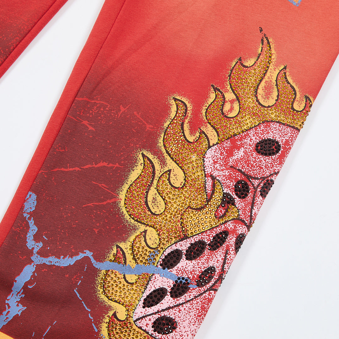 Red Vintage Wash Flame Letter Graphic Wide‑Leg Sweatpants