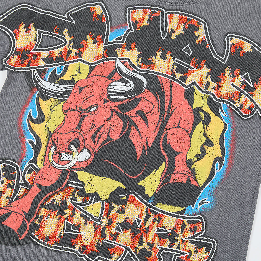 Dark Grey Vintage Bull Fire Graphic Oversized T‑Shirt