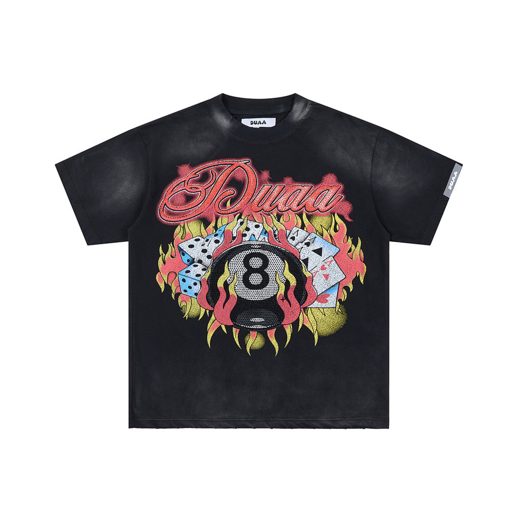 Black Washed 8‑Ball Poker Card DUAA Double‑Sided Graphic Oversized T‑Shirt