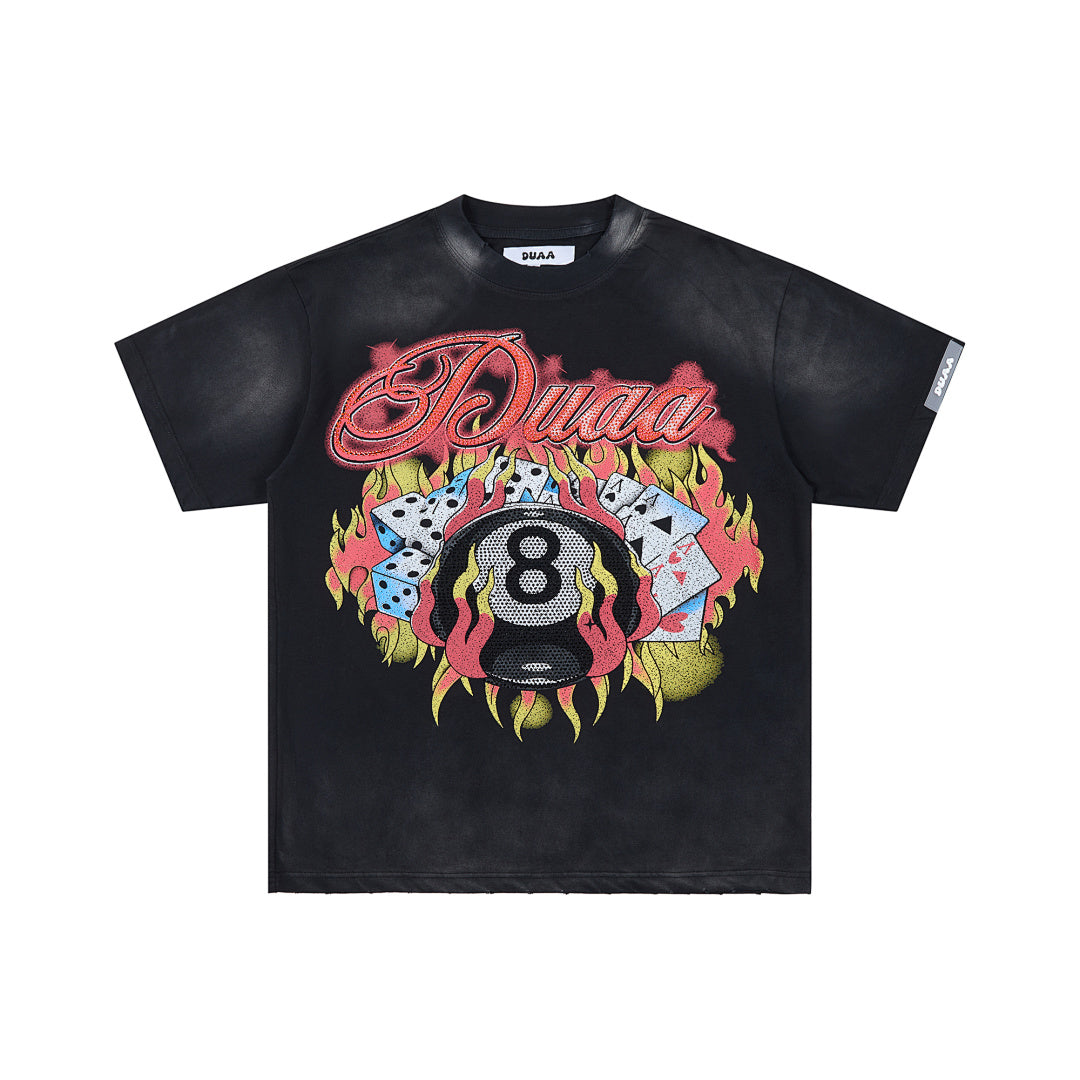 Black Washed 8‑Ball Poker Card DUAA Double‑Sided Graphic Oversized T‑Shirt