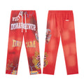 Red Vintage Wash Flame Letter Graphic Wide‑Leg Sweatpants
