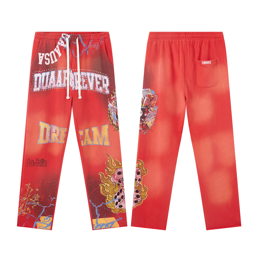 Red Vintage Wash Flame Letter Graphic Wide‑Leg Sweatpants