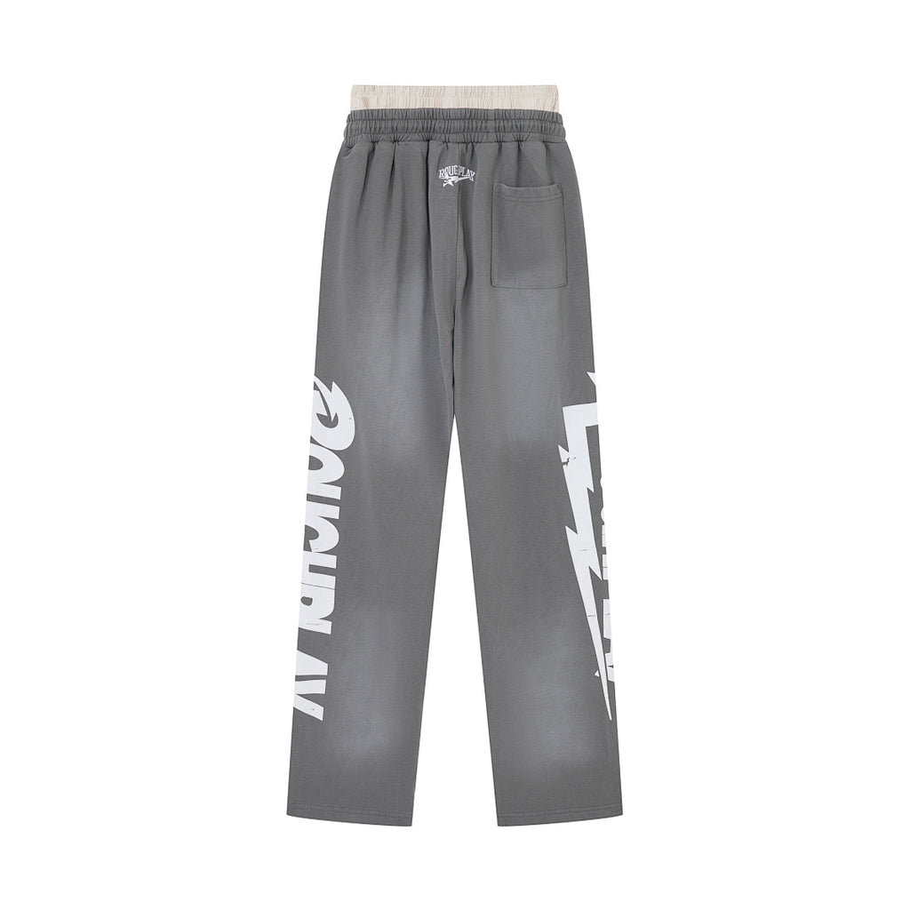Roughplay Vintage Washed Letter Print Wide Leg Sweatpants Men Streetwear Loose Trousers