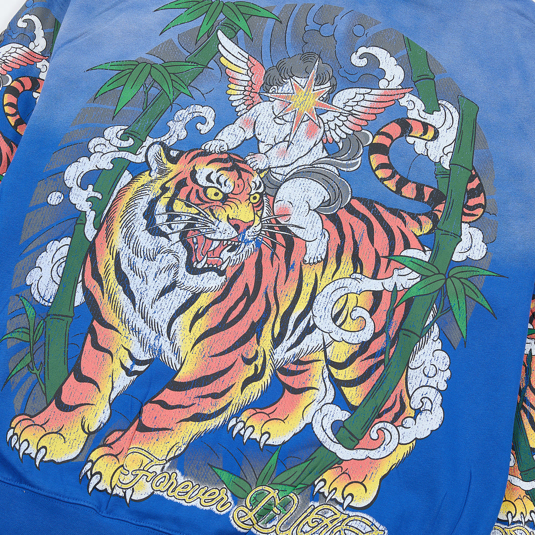 Blue Vintage Tiger & Angel Graphic Oversized Zip‑Up Hoodie