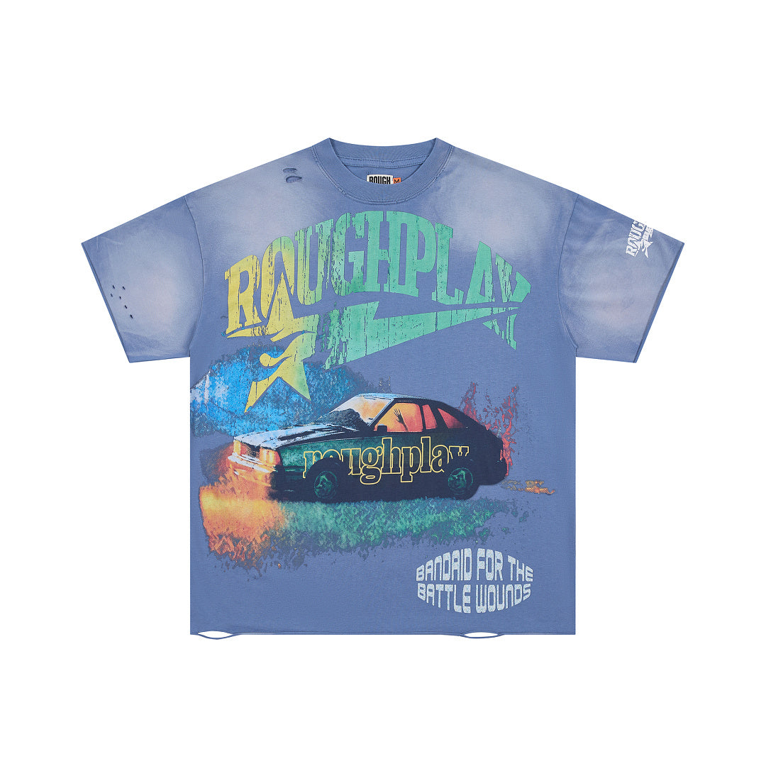 Vintage Washed Blue Rock Car Graphic Oversized Tee Streetwear Short Sleeve T‑Shirt
