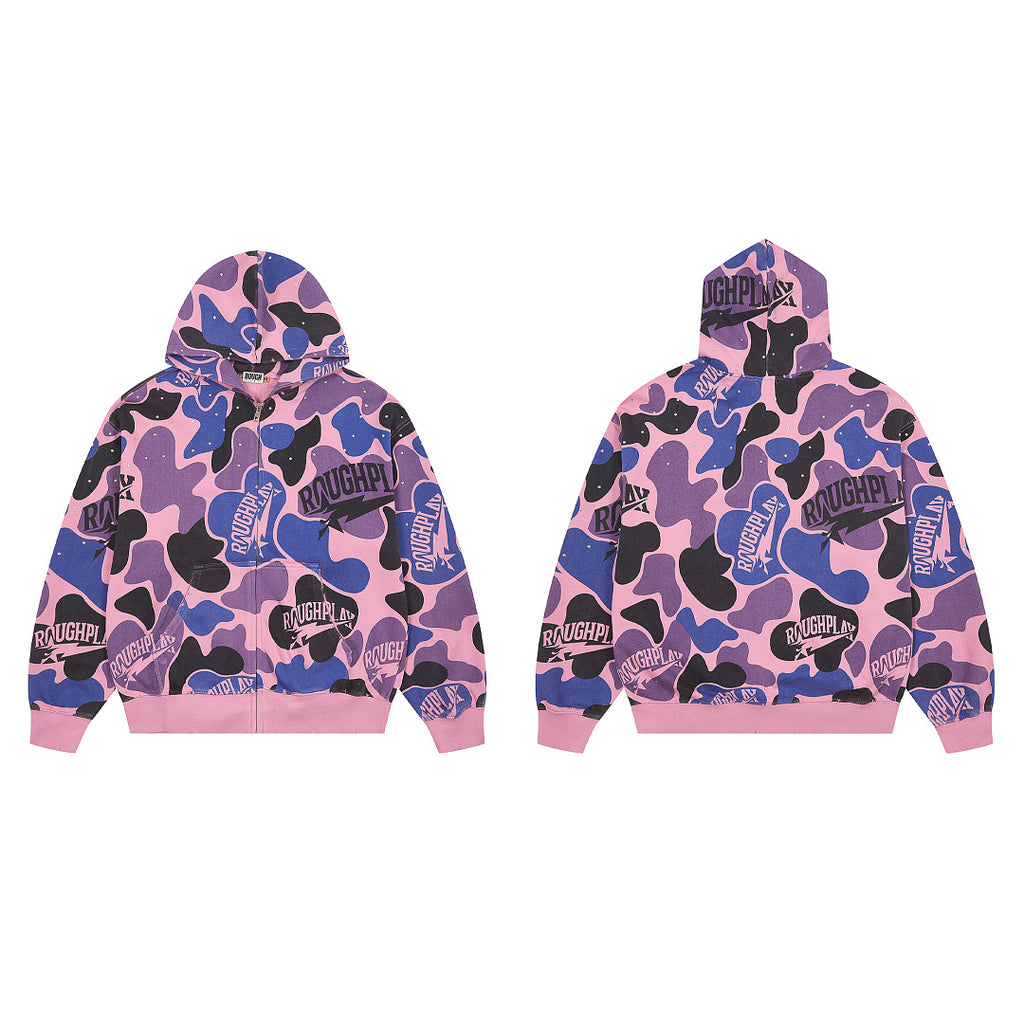 Pink Purple Camo Full Zip‑Up Hoodie Oversized Streetwear Hooded Jacket