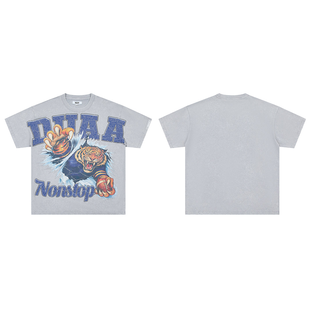 Light Grey Vintage Roaring Tiger Graphic Oversized T‑Shirt