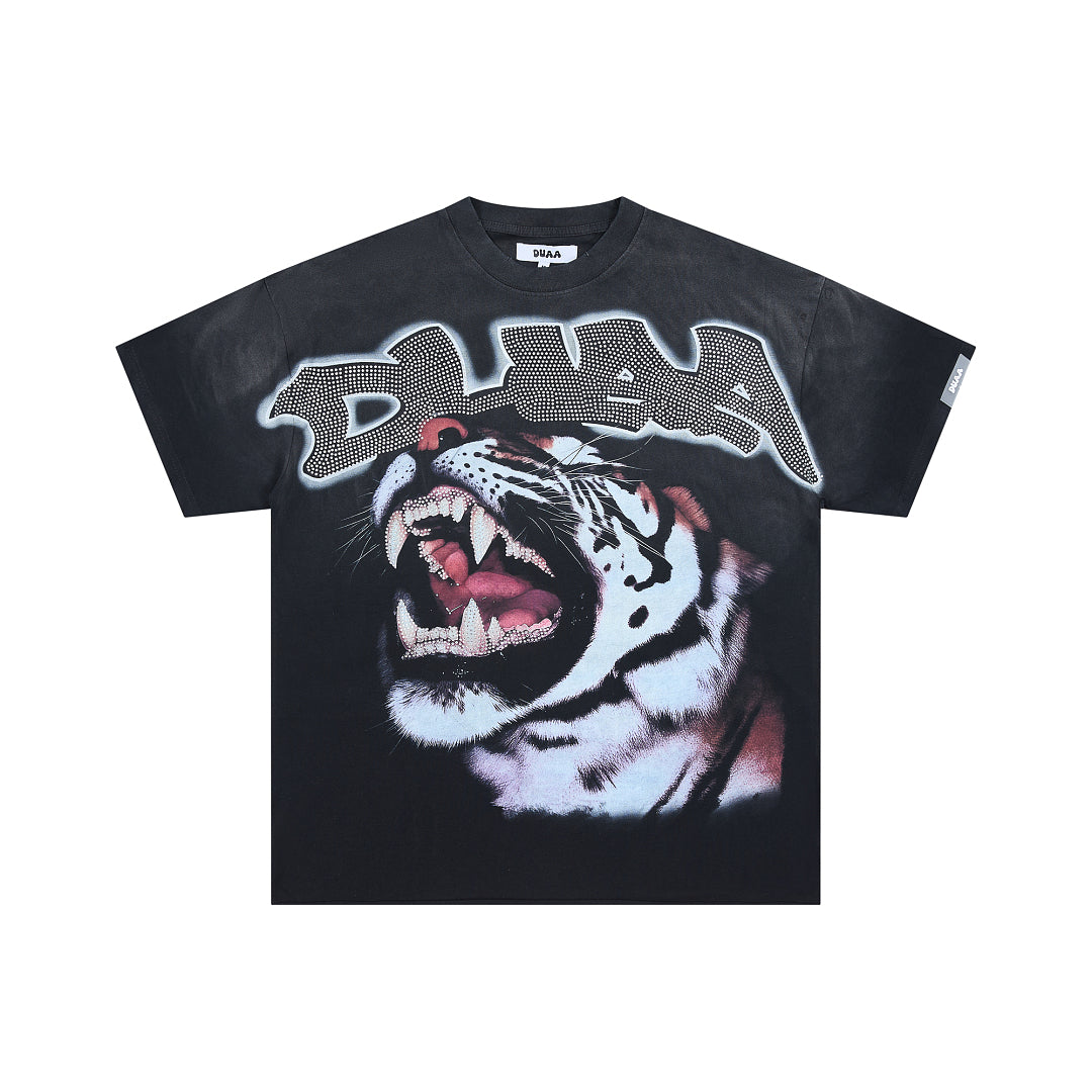 Black Vintage Roaring Tiger Graphic Oversized T‑Shirt