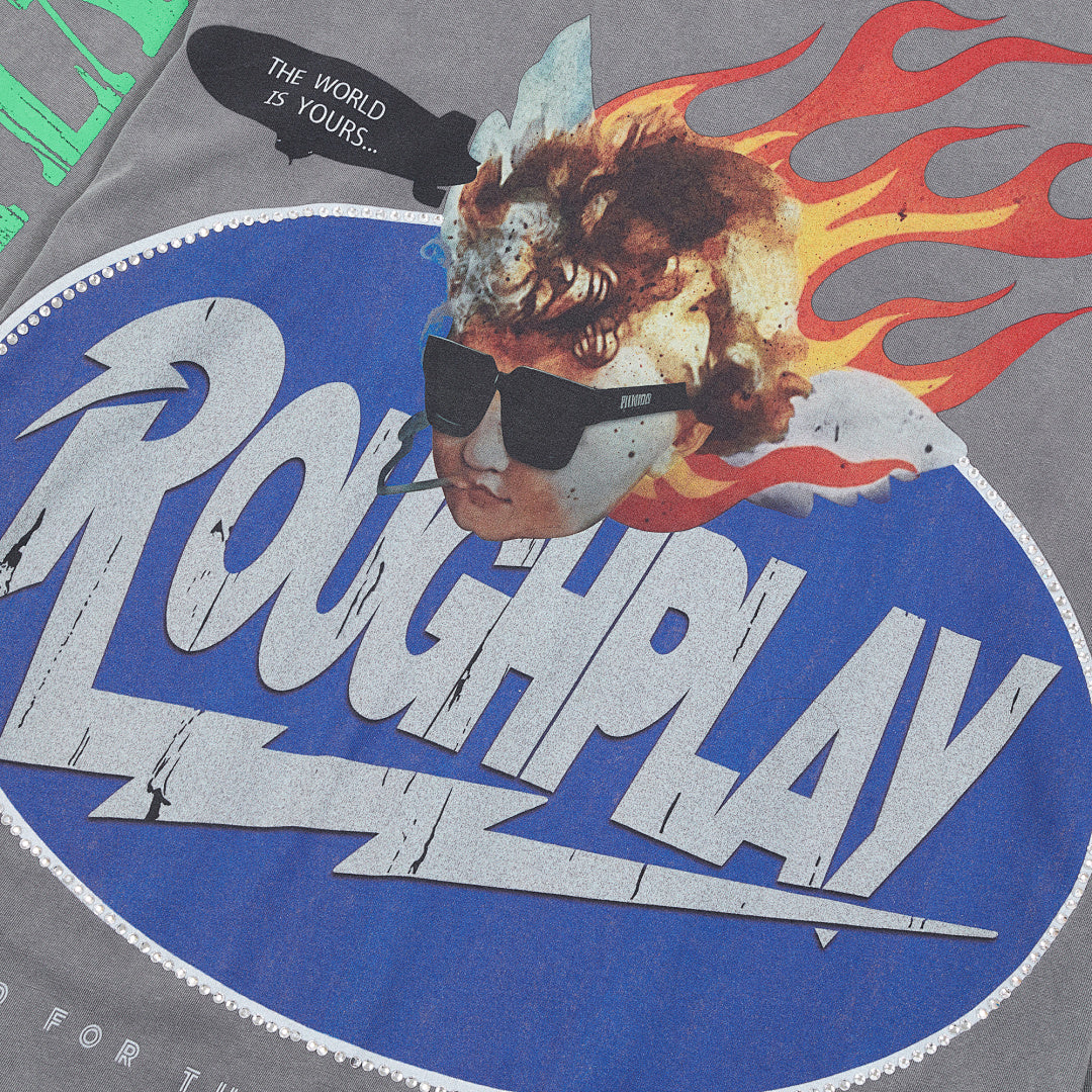 Roughplay Grey Flame Badge Graphic Long Sleeve Tee Men Oversized Streetwear Top