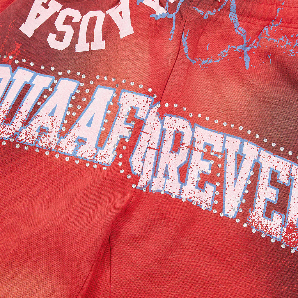 Red Vintage Wash Flame Letter Graphic Wide‑Leg Sweatpants
