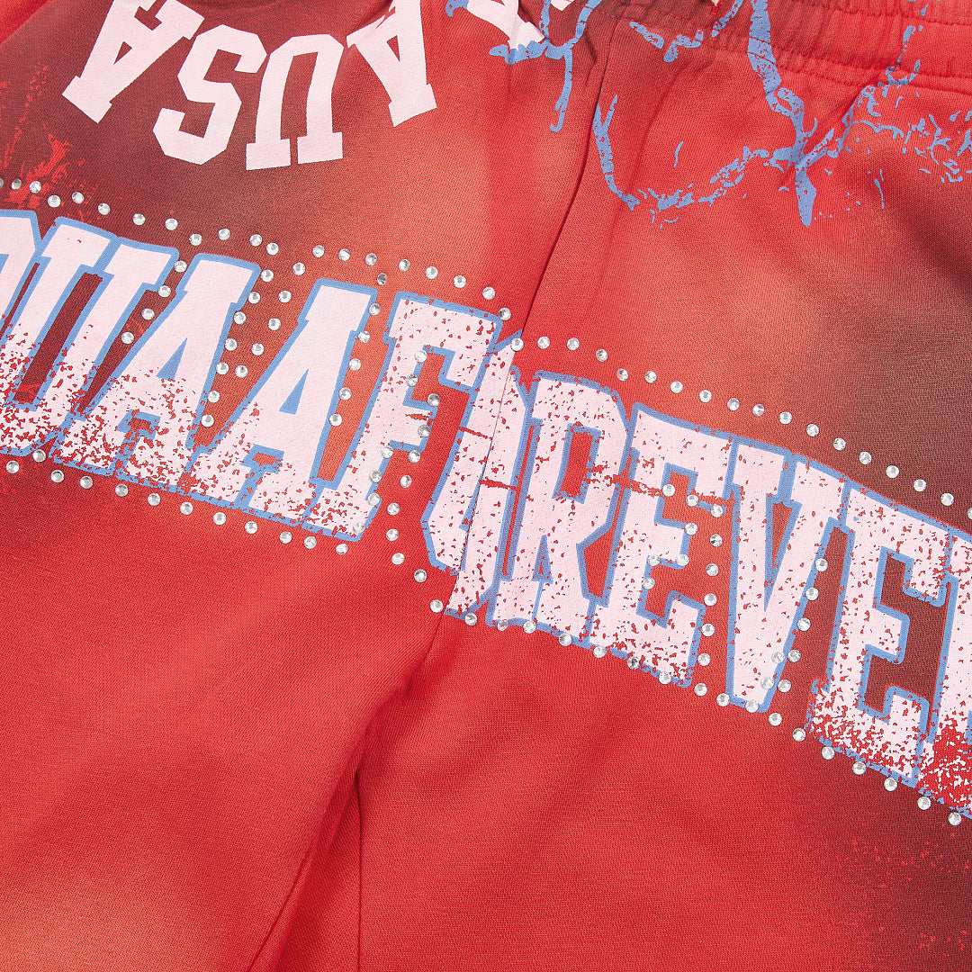 Red Vintage Wash Flame Letter Graphic Wide‑Leg Sweatpants