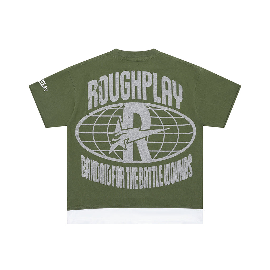 Roughplay Olive Green Skull Graphic Short Sleeve Tee Men Oversized Streetwear T‑Shirt