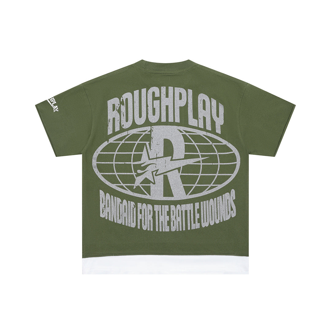 Roughplay Olive Green Skull Graphic Short Sleeve Tee Men Oversized Streetwear T‑Shirt