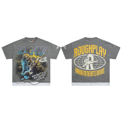 Vintage Washed Grey Rock Music Globe Graphic Oversized T‑Shirt