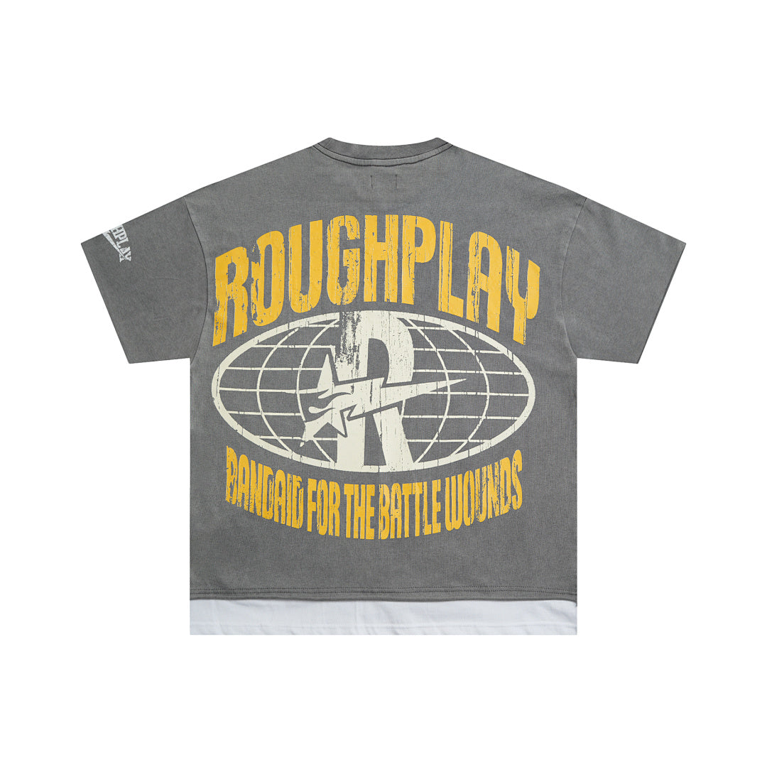 Vintage Washed Grey Rock Music Globe Graphic Oversized T‑Shirt