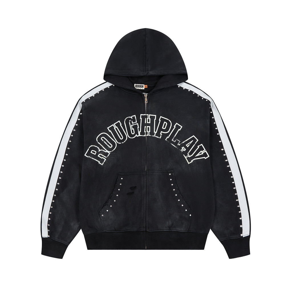 Black Washed Side Stripe Gothic Letter DUAA Zip‑Up Hoodie