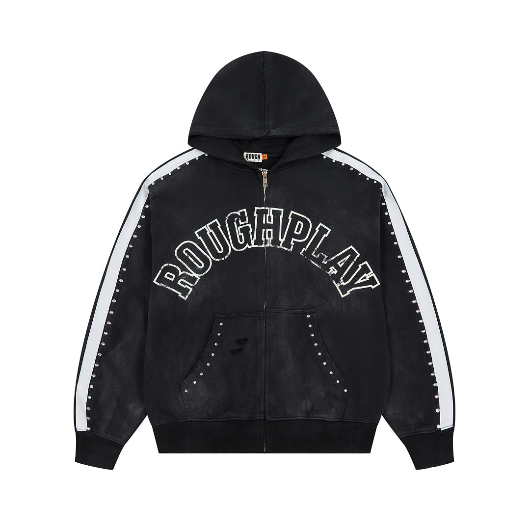 Black Washed Side Stripe Gothic Letter DUAA Zip‑Up Hoodie