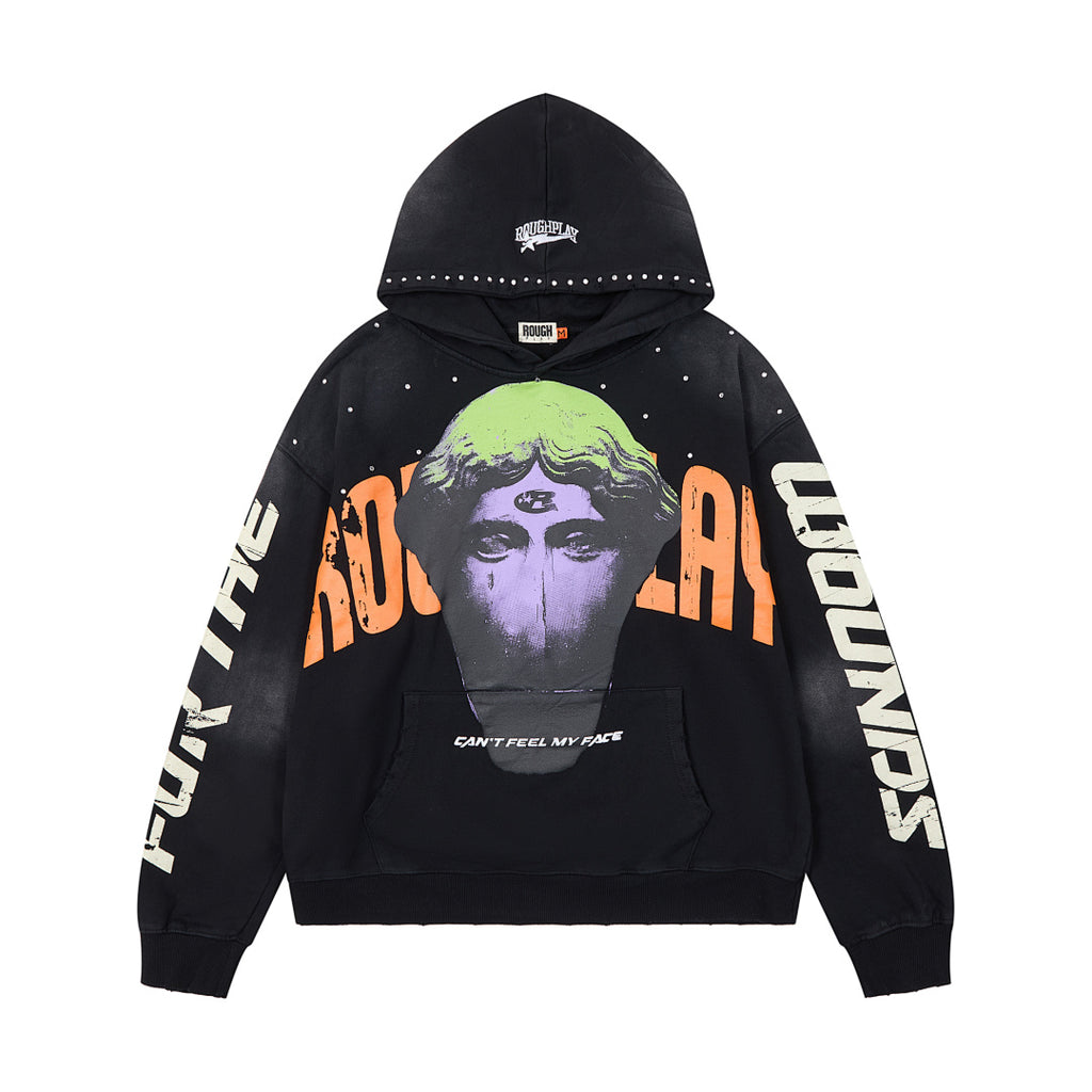 Roughplay Black Neon Green Portrait Graphic Hoodie Men Oversized Streetwear Pullover