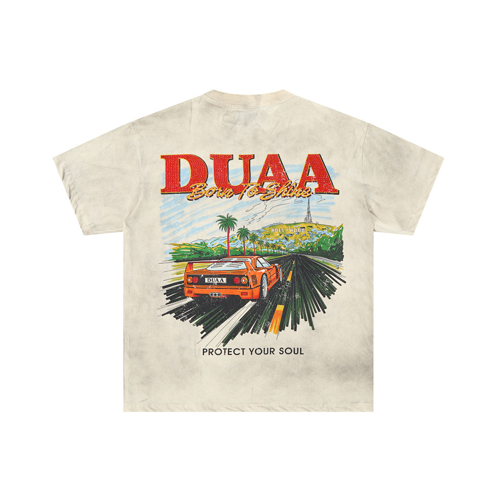 Off‑White Washed Vintage Highway Car DUAA Graphic Oversized T‑Shirt