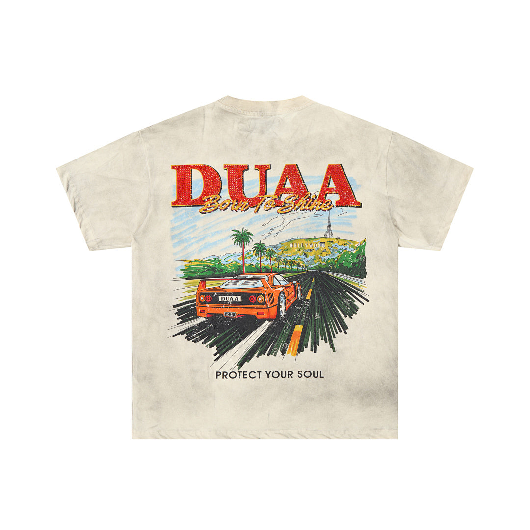 Off‑White Washed Vintage Highway Car DUAA Graphic Oversized T‑Shirt