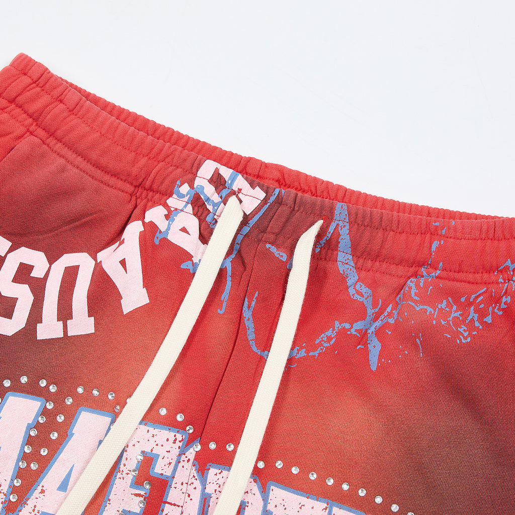 Red Vintage Wash Flame Letter Graphic Wide‑Leg Sweatpants