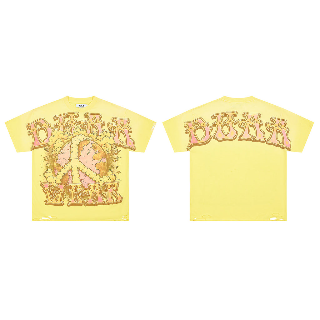 Yellow Vintage Peace Symbol Globe Graphic Oversized T‑Shirt