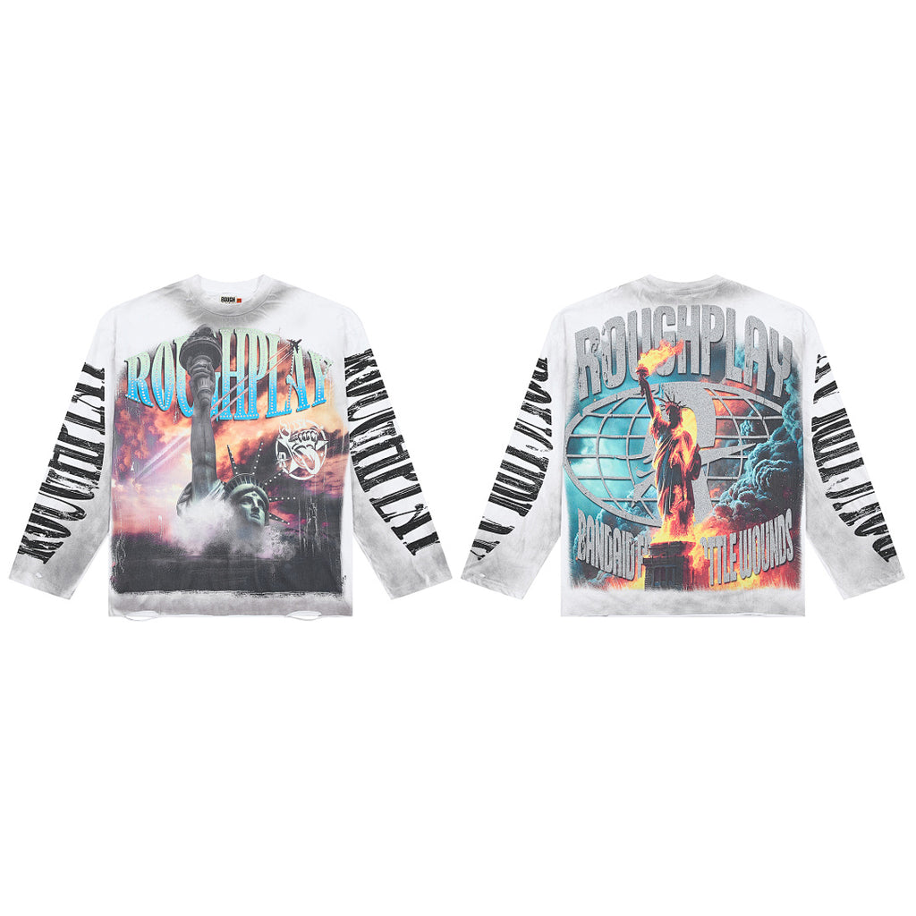 Washed White Statue Of Liberty Graphic Long Sleeve Tee Roughplay Oversized Streetwear T‑Shirt