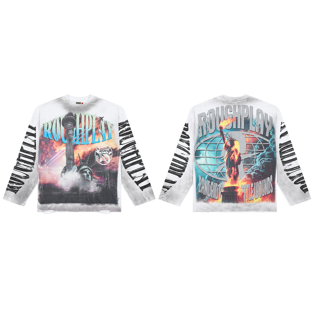 Washed White Statue Of Liberty Graphic Long Sleeve Tee Roughplay Oversized Streetwear T‑Shirt