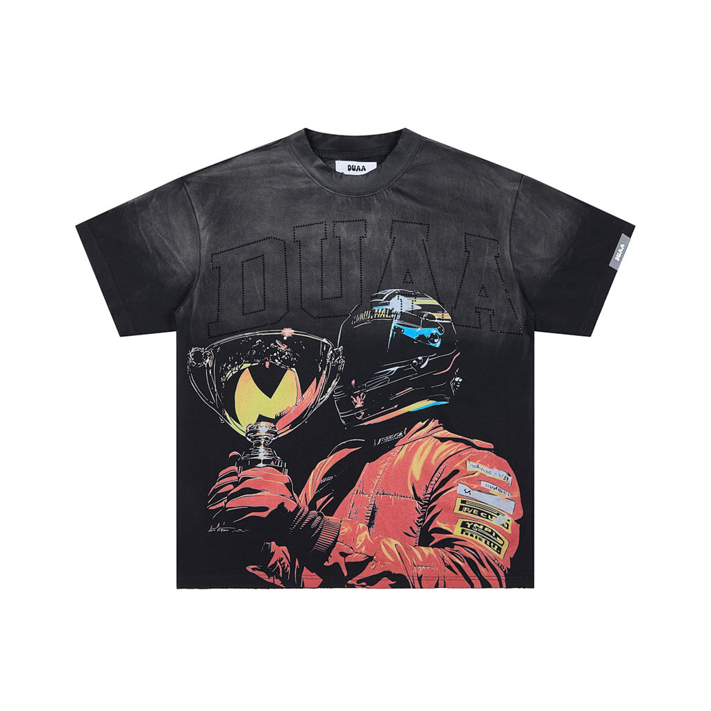 Black Washed Racer Helmet DUAA Graphic Oversized T‑Shirt