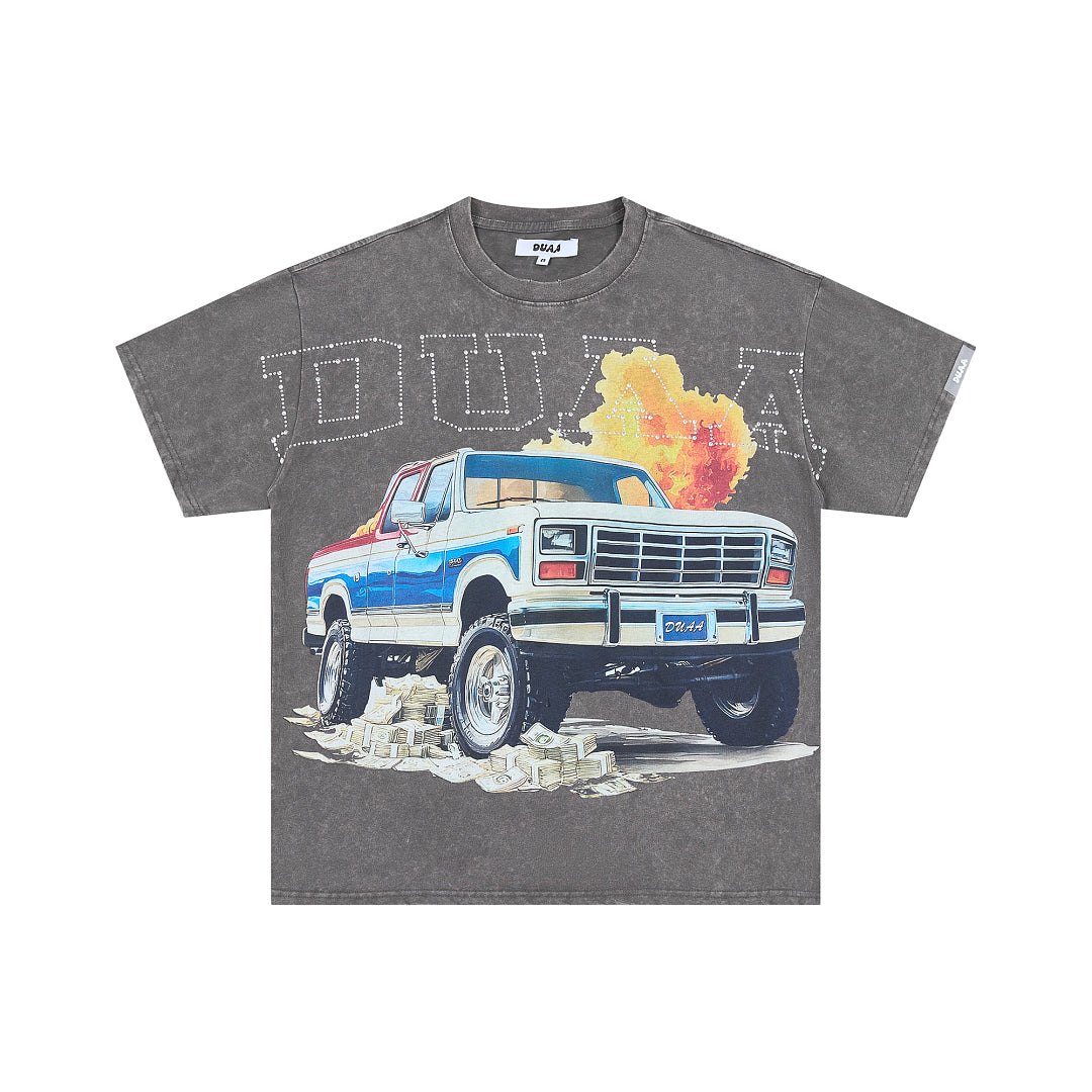 Washed Dark Grey Vintage Off‑Road Truck Graphic Oversized T‑Shirt