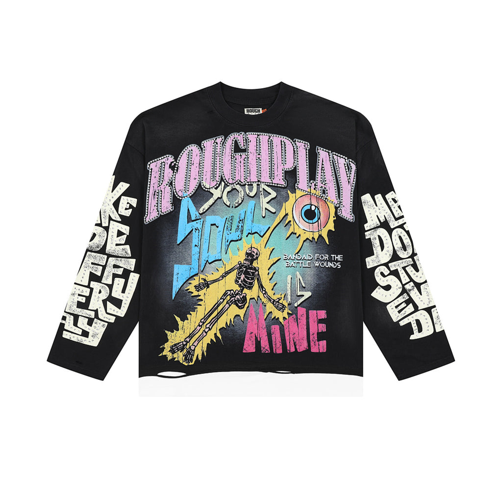 Roughplay Retro Rock Art Graphic Long Sleeve Tee Men Oversized Streetwear Top